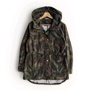 J.Crew Full Zip Jacket Green Women’s Size XST Camouflage Print With Hood Rain